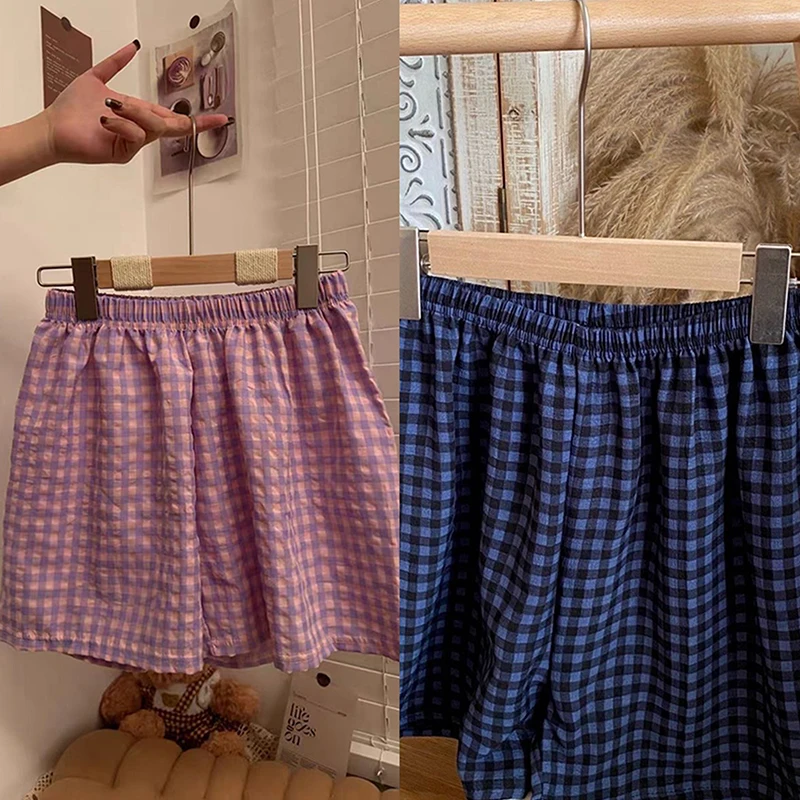 New Summer Shorts Pajamas Cotton Women Shorts Women's Bottoms Soft Pants Plaid Print Loose Pants Womens Pajama Pant image 3