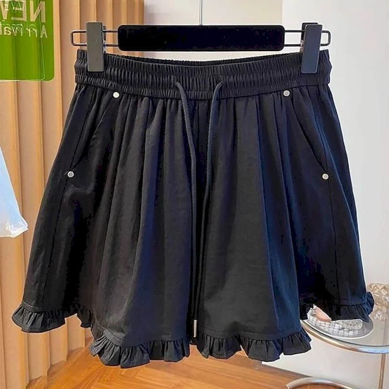Solid Shorts Casual 2026 Summer Sale Ruffled Edge A-line Elastic Waist Wide Leg Pants Casual Cargo Shorts Loose Women Clothing