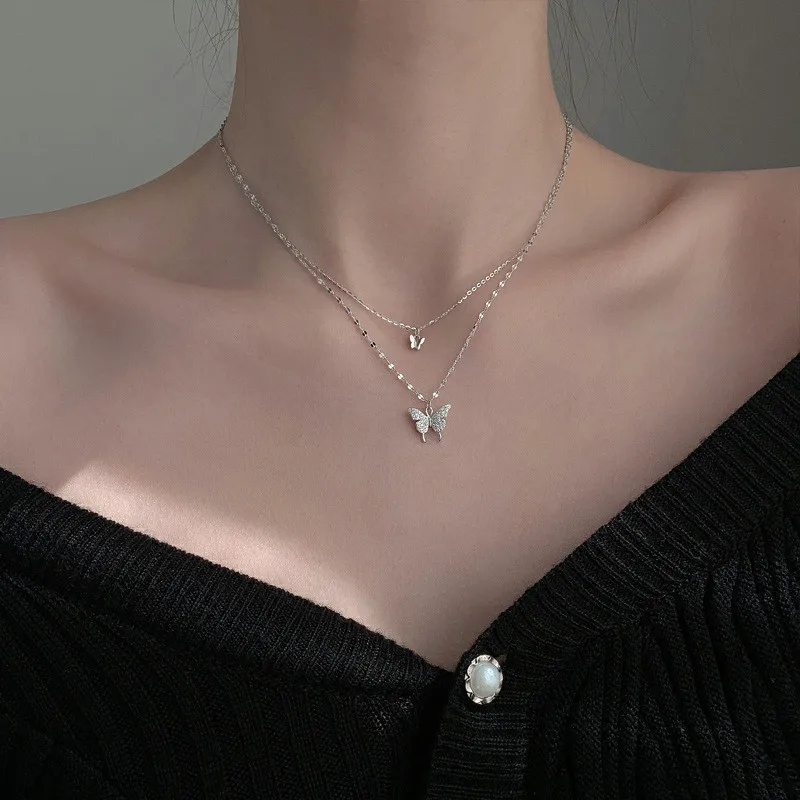 New Shiny Butterfly Necklace Ladies Exquisite Double Layer Clavicle Chain Necklace Jewelry for Ladies Gift