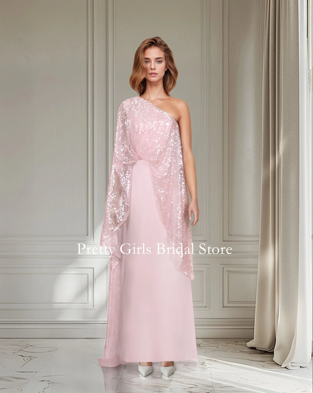 OEING Arabic Style Evening Dresses OFF SHOULDER PINK DRESS WITH SEQUINED CAPE Formal Prom Growns Party Women Bride