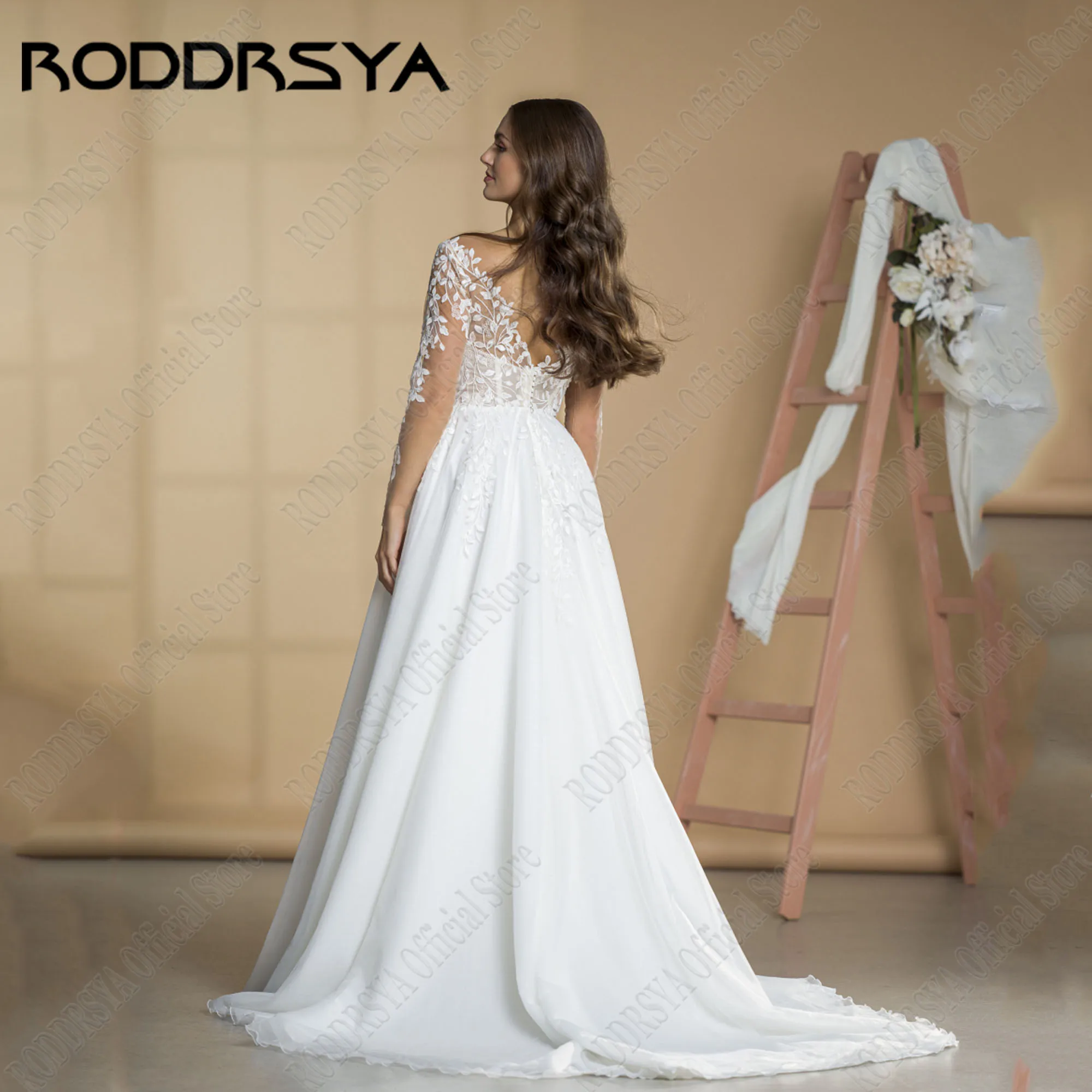 RODDRSYA Civil Backless Wedding Dress Long Sleeves O-Neck Lace Applique Bride Gowns Tulle A-Line Vestidos De Novias 2024