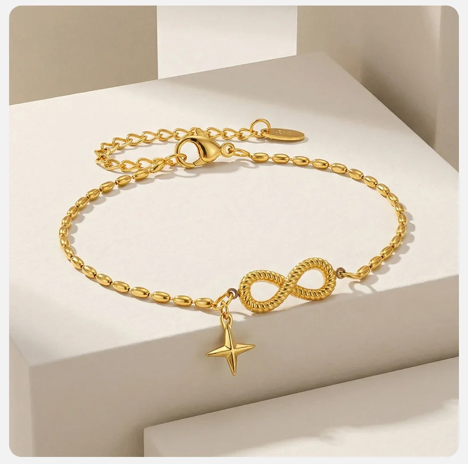 Vnox Edelstahl-Armband mit Liebes-Infinity-Vierstrahl-Stern-Anhänger für Damen, vergoldeter Stern-Charm, zierliches Kettenarmband, Schmuckgeschenk – Detail 6