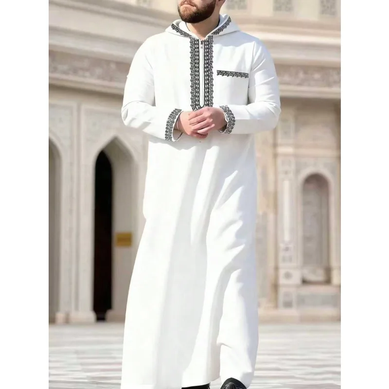 

Long Robe Men Jubba Thobe Gown Embroidery Pullover Long Sleeve Abayas Hooded Muslim Morocco Dubai Spliced Spring Traditional