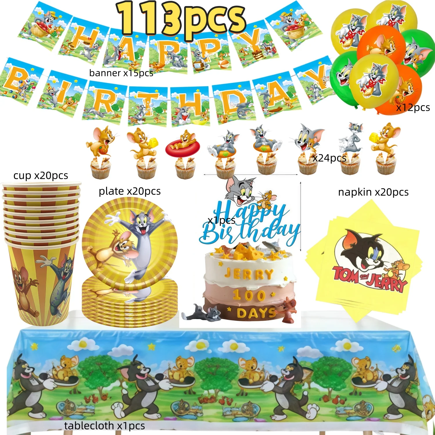 Tom und Jerry Partyzubehör Einweg-Tischgeschirr-Set mit Aufklebern Cartoon Katze Maus Geburtstagsdekoration für Kinder Babyparty – Detail 1
