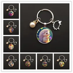 Cute Hedgehog Keychain Circular Glass Keychain Animal Keychain Women's and Men's Bags Car Accessories Creative Gift