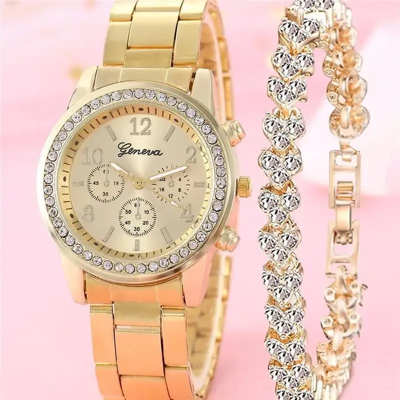 Fashion Luxury Women\'s Diamond Quartz Bracelet Set Watch Two Piece Set