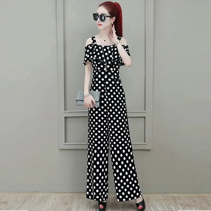 Donne coreane in chiffon onda punto pantaloni a gamba larga 2025 moda femminile pagliaccetti a maniche corte estate signore bretelle allentate tute