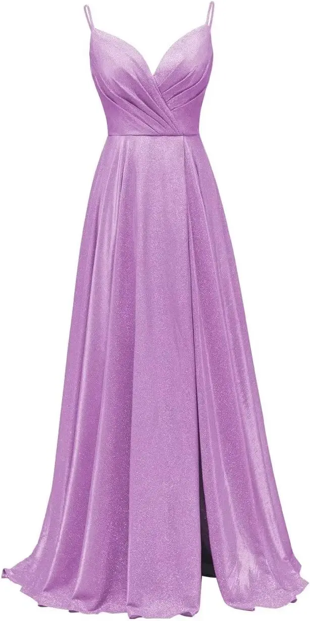 

Women's Spaghetti Straps Prom Dresses Long V-Neck Sparkling Bridesmaid Dresses Formal Evening Gowns with High Slit Party Dresses