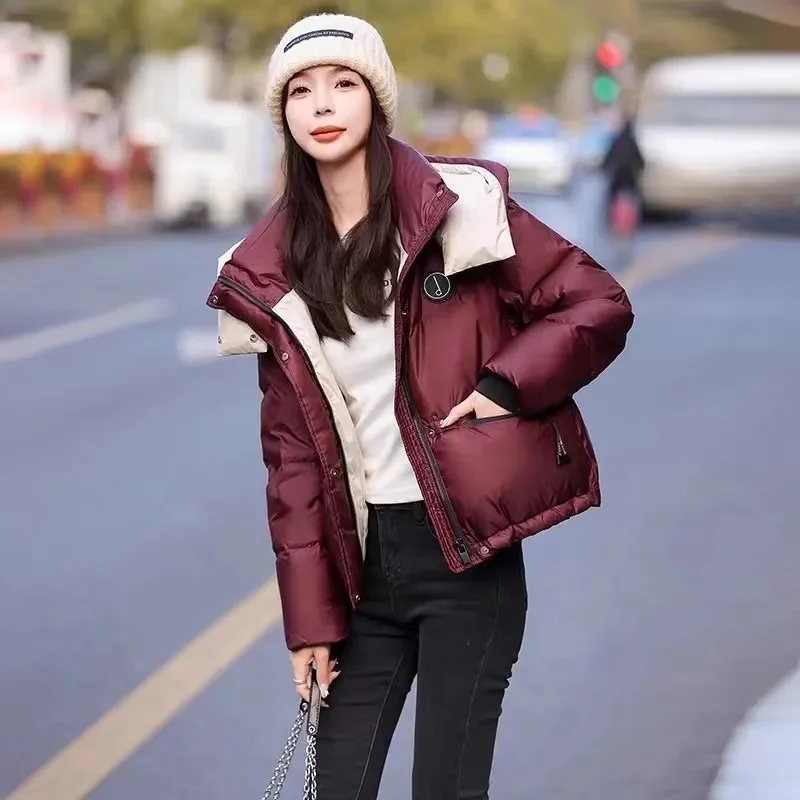 

Contrast Down Cotton Jackets Women's New Short Cotton Coat Hooded Bread Coats Winter 2024 Wine Red Black Padded Overcoat Parkas