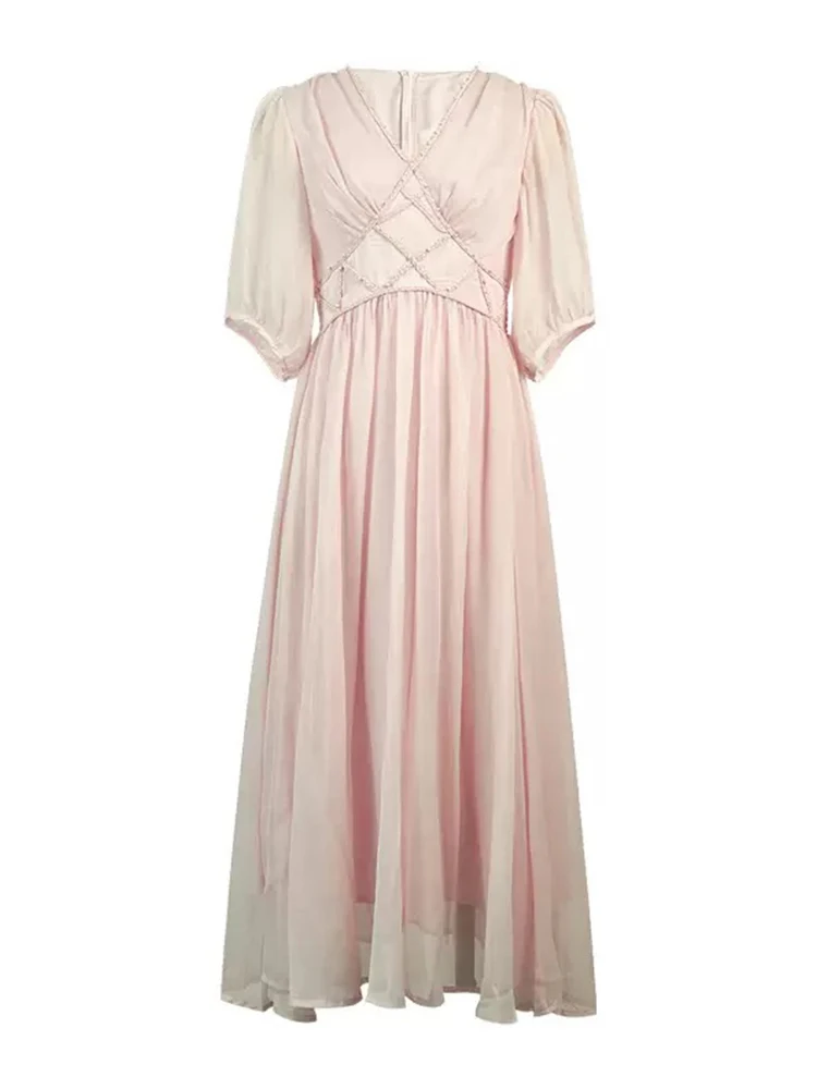 ชุดเดรสผู้หญิงผ้าชีฟองสีชมพู คอวี ทรงคอร์เซ็ท ความยาวปานกลาง ทรงเอไลน์  หรูหรา แฟชั่นสำหรับสุภาพสตรี  งานปาร์ตี้ งานพรอม งานวันเกิด ชุดลำลองสำหรับฤดูร้อน