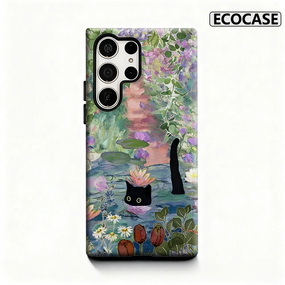 Water Garden Cat Phone Case for Samsung Galaxy S26 S25 Ultra S24 S23 Ultra Plus Shockproof Double layer tough Back Cover