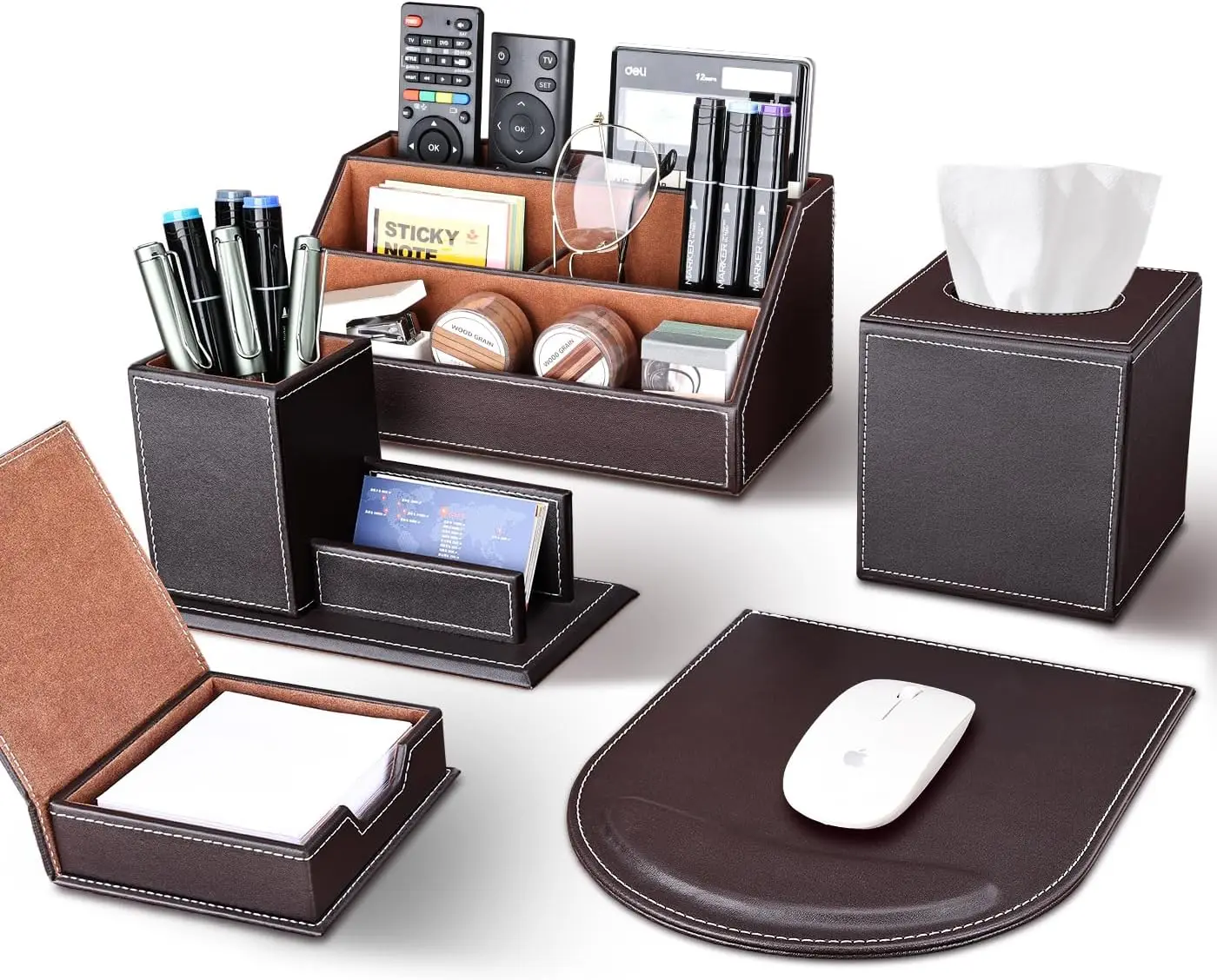 

5Pcs PU Leather Desk Organizer Set with Mouse Pad, Tissue Holder, Pencil Holder, Note Holder, Storage Box - Brown