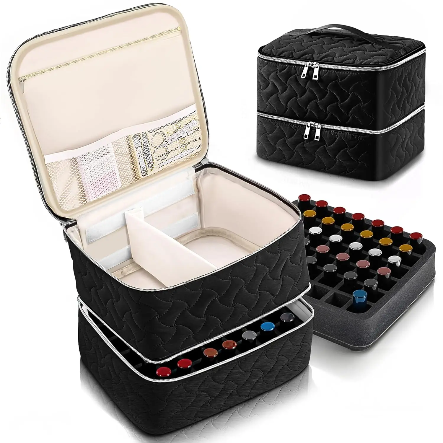 

Portable Double-Layer Nail Polish Organizer Case Holds 42 Bottles, Adjustable Dividers for Manicure Tools, Black