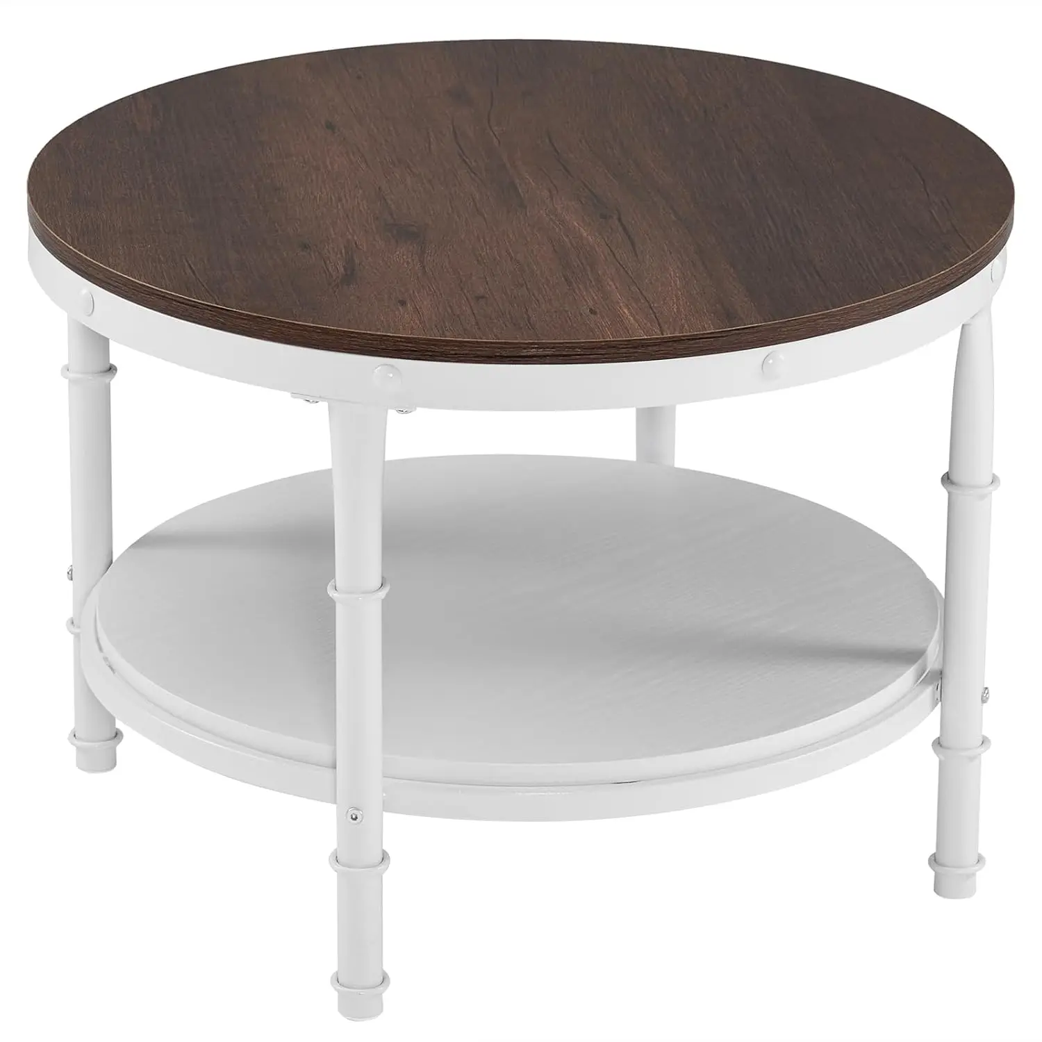 طاولة قهوة مستديرة للمزرعة باللون الأبيض من خشب البلوط الريفي مقاس 25.6 بوصة، طاولة مميزة من الخشب للتخزين بطبقتين لغرفة المعيشة وغرفة النوم