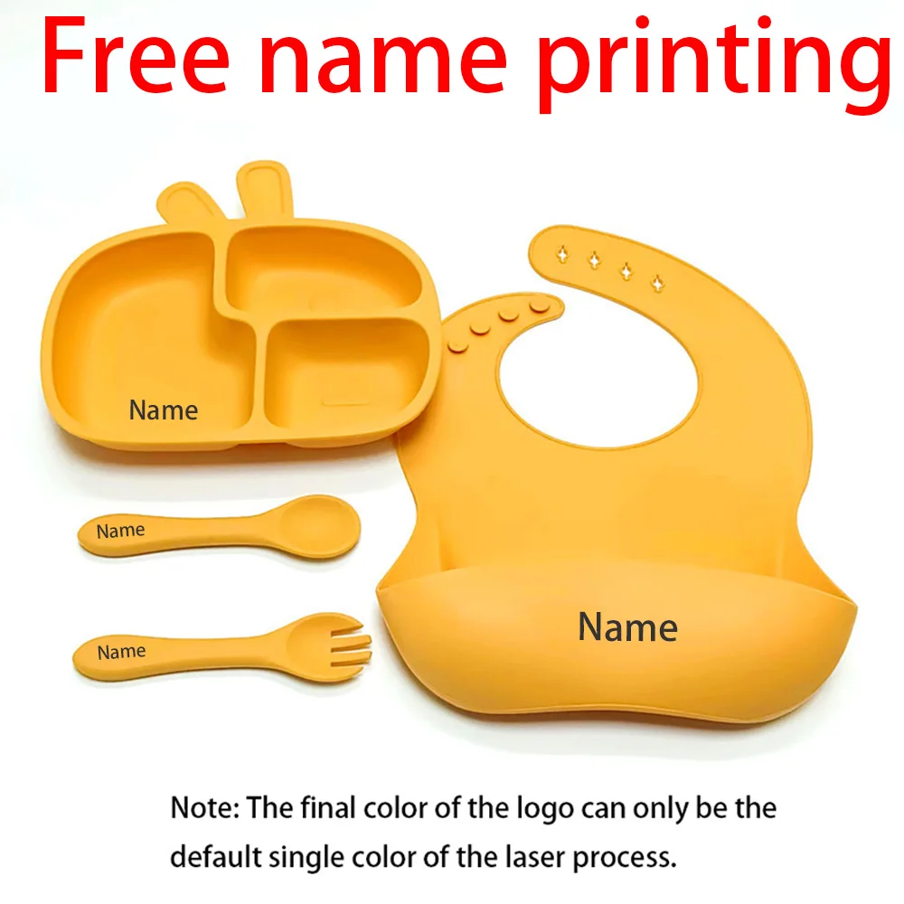 

Free Name Printing 3PCS Silicone Divided Meal Set Bowl Spoon Fork Bib Suitable for Boys Girls Holiday Gift