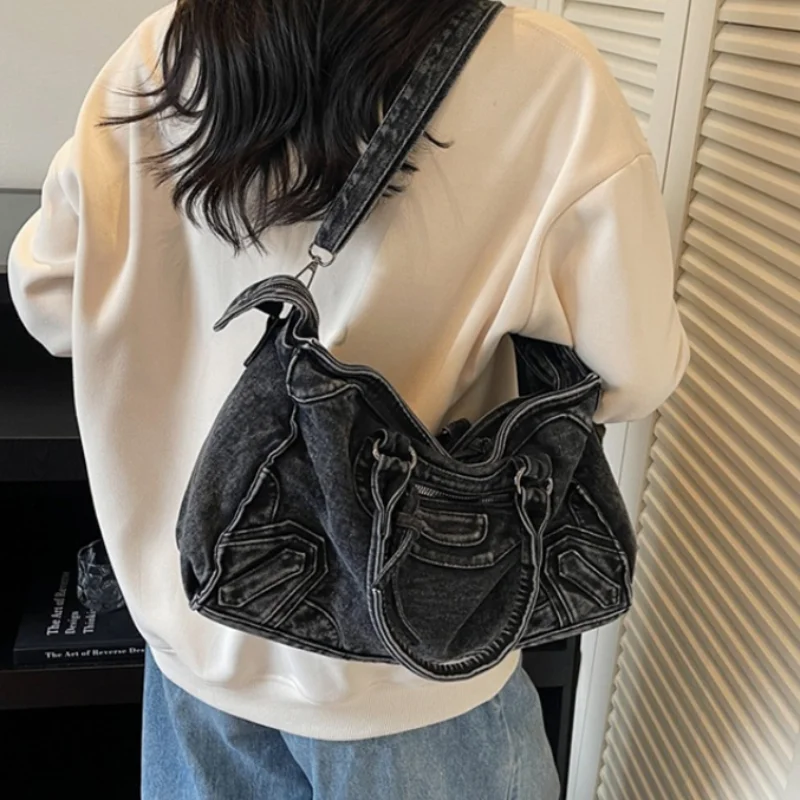 

New Denim Tote Bag Retro Studded Motorcycle Bag European And American Style Distressed Shoulder Bag Women's Fashion Y2k Handbag