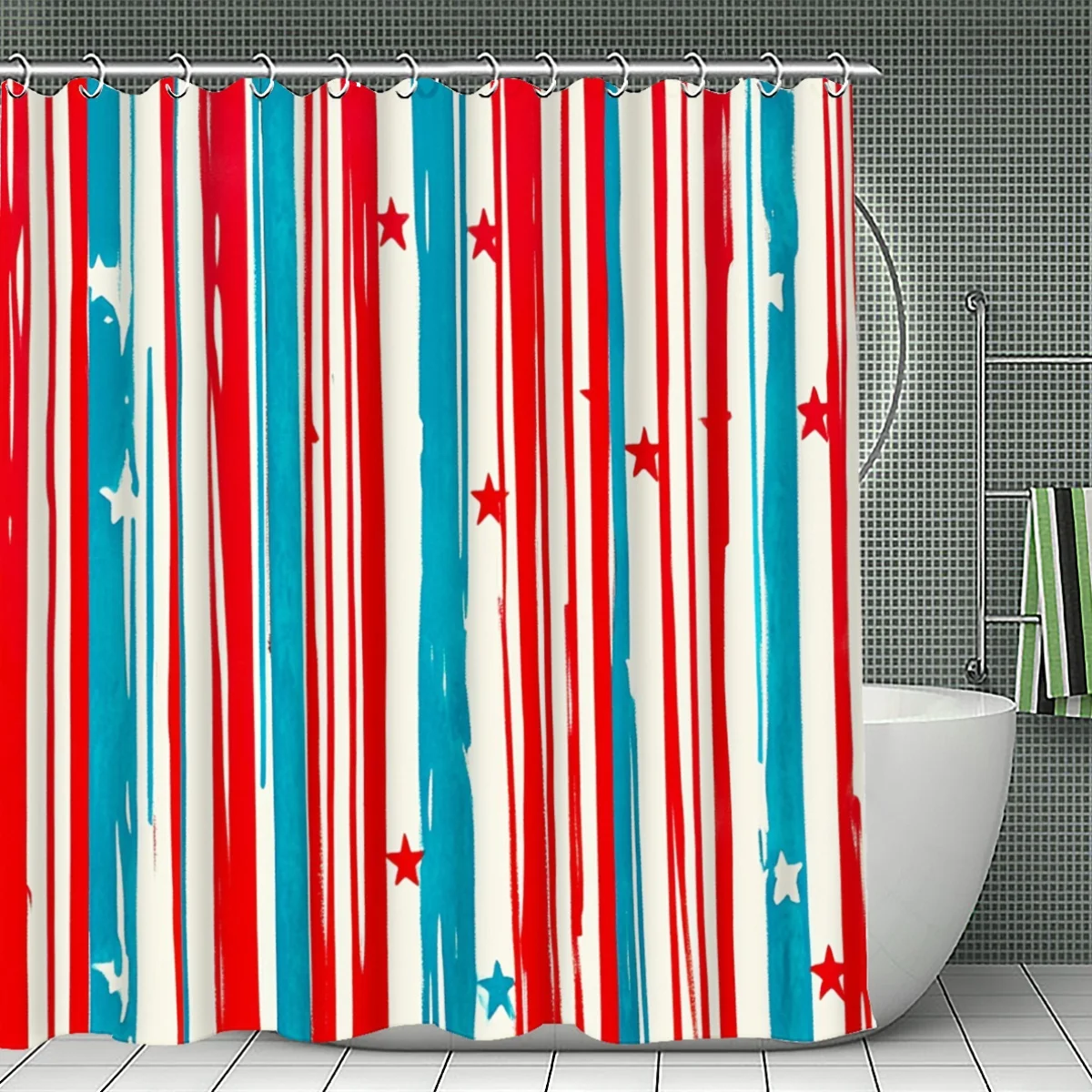 Watercolor Stripe & Star Shower Curtain 1pc with 12 Hooks for Bathroom Home Decor Polyester 2D Flat Print 70.8x70.8 Inch