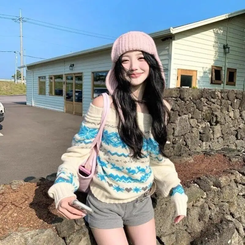 

Sweet Style Sweater Spring and Autumn Commuter Gentle Bow Off The Shoulders Sweater for Office Workers Cardigan Knitted Sweater