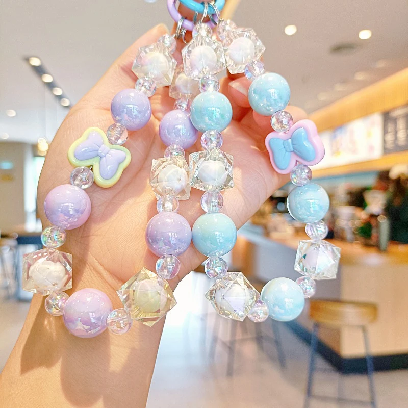 Kawaii Cute Bow Beaded Mobile Phone Chain Candy Color Dopamine Mobile Phone Anti Loss Lanyard Fashion Keychain Pendant Gifts