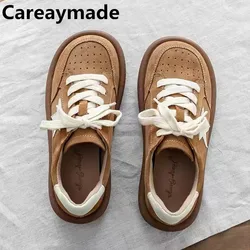 Careaymade-Genuine leather women's shoes,Literary retro Boken shoes round toe cowhide breathable soft soled ftasl single shoes