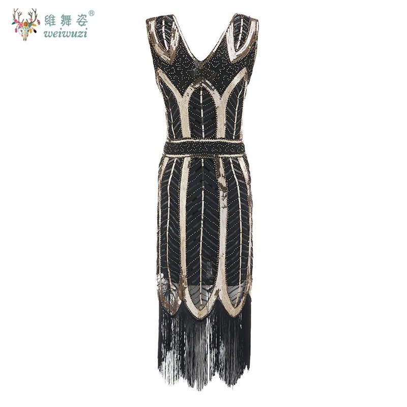 Винтажное платье-хлопушка 1920-х годов, вечернее платье для выпускного вечера в стиле «Великий Гэтсби», новое женское элегантное черное платье с пайетками и бисером, вечернее платье с кисточками