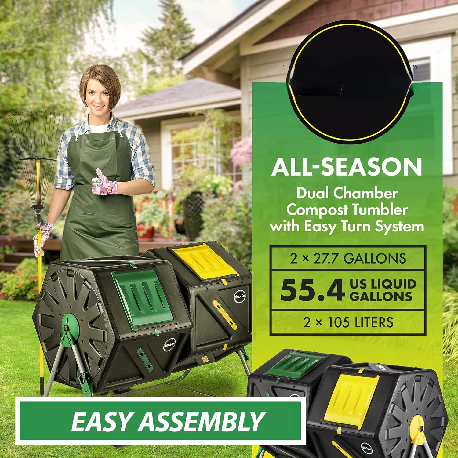 Large Dual Chamber Compost Tumbler – Easy-Turn, Fast-Working System – All-Season, Heavy-Duty