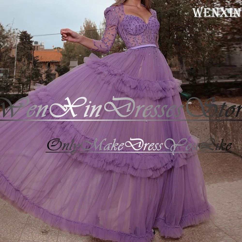 Elegant Luxury Evening Crystal Tiered 4/3 Sleeve Purple Tulle A-line Tiered V-Neck Floor Length Dresses For Formal Occasions