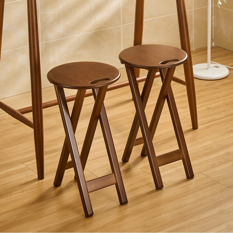 

Foldable Bar Stools Thickened Bamboo Kitchen Dining Stool Adjustable Height Round Seat Easy-Install Backrest Chairs