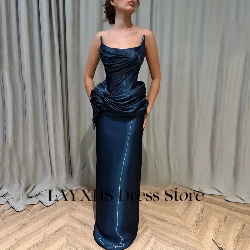 LAYXHS แฟชั่น Navy Blue Strapless ชุดราตรี Mermaid Pleat Ruffle Party Prom Dresses ที่กําหนดเอง فستانة