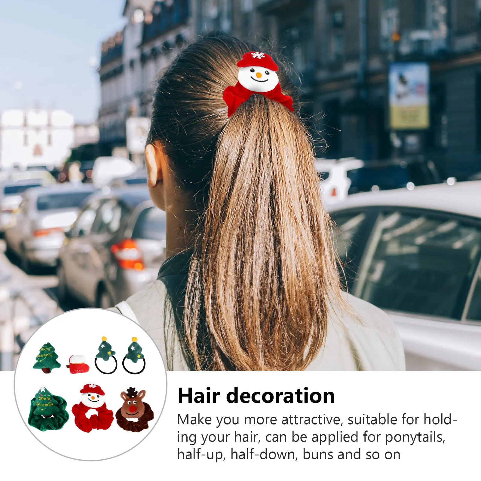 7Pcs Christmas Hair Accessories Set Elastic Hair Ropes Ponytail Holder Cartoon Style Women Women Headdress Ponytail Holder