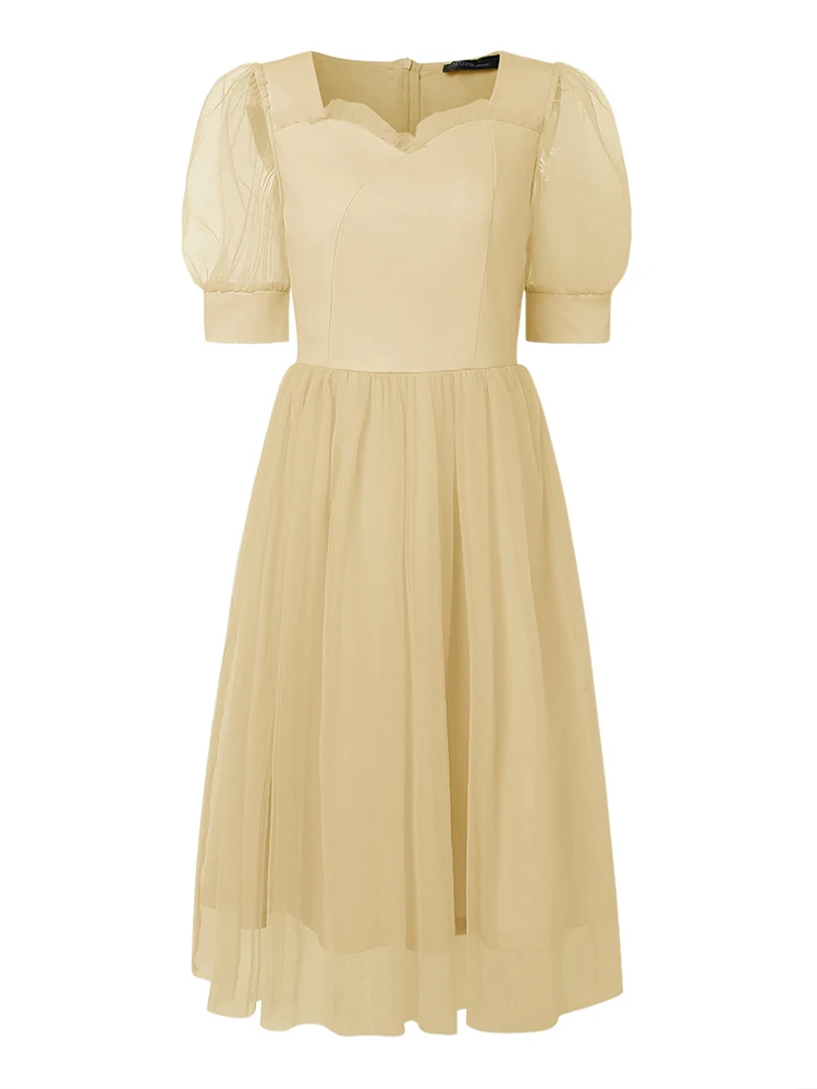 ZANZEA-vestidos Midi elegantes de malla con retales para mujer, vestido de fiesta de noche con cuello en forma de corazón y manga corta abombada, 3 colores, S-3XL