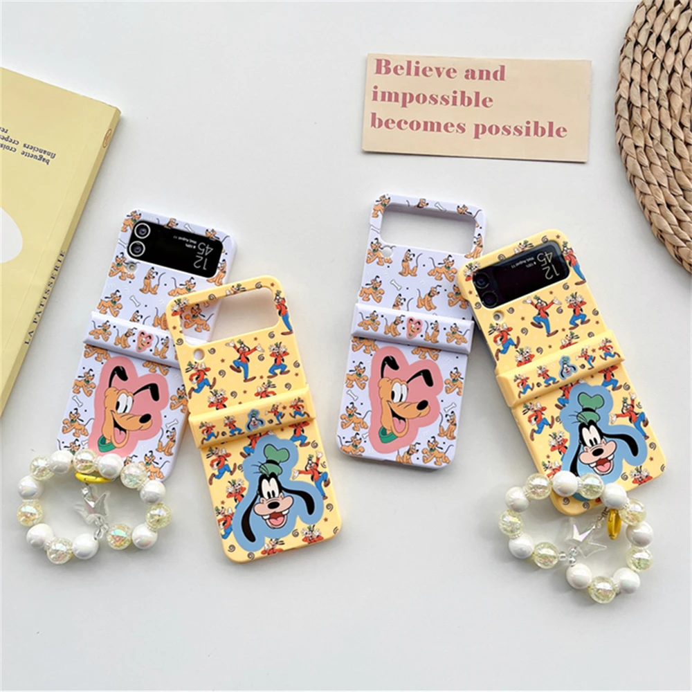 Cute Cartoon Disney Anime Dogs Pattern Phone Case For Samsung Galaxy Z Flip 3 4 5 6 With Colorful Crystal Beads Hand Strap Cover