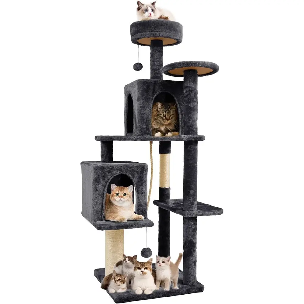 

Large Cat Tower with Plush Ball, Two Condos, Sisal Scratching Posts, and Rope for Kittens and Adult Cats, Deep Grey