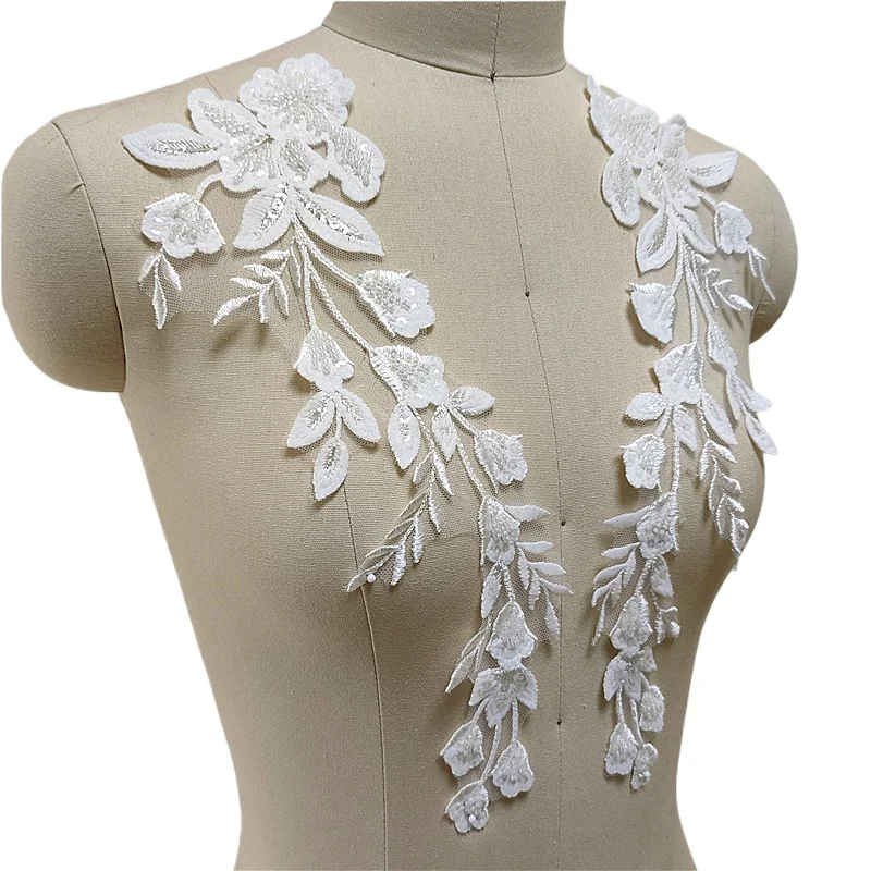 Off White 3D Beaded Lace Mirror Flower materiali fai da te fatti a mano per abiti da sposa copricapo, tessuto decorativo, accessori in pizzo