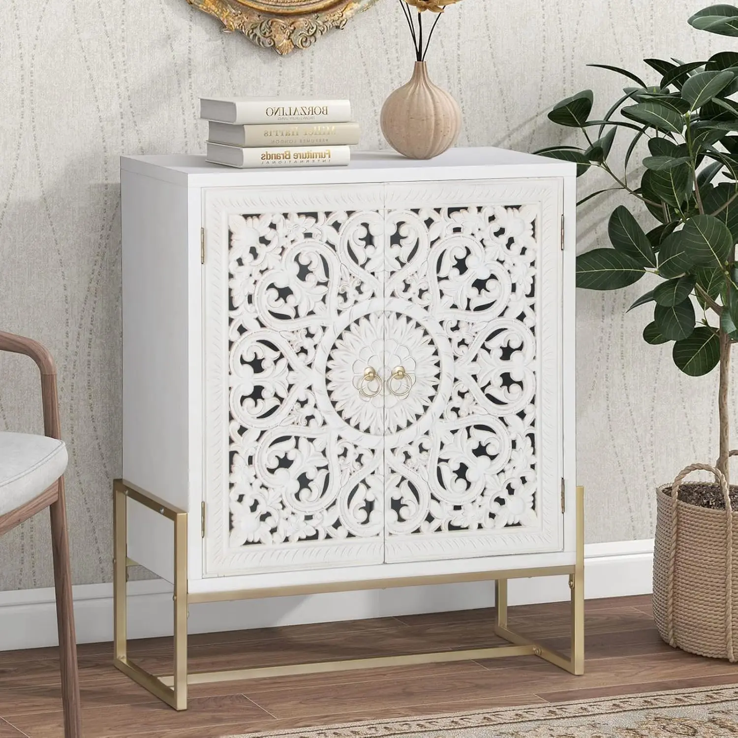 

Cabinet with Doors, White Distressed Storage Cabinet Display Cabinet with 2 Hollow-Carved Doors and Metal Legs