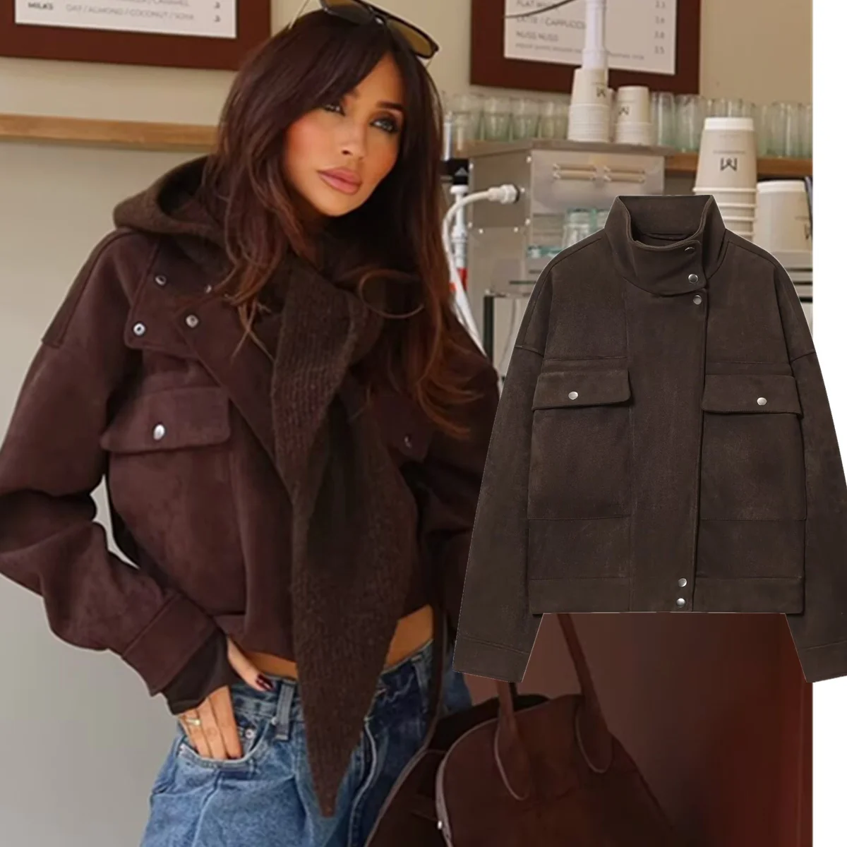 

Maxdutti French Style Fashionable Women's Suede Short Jacket With Large Pockets Bomber Jacket Coat Woman Clothes Tops