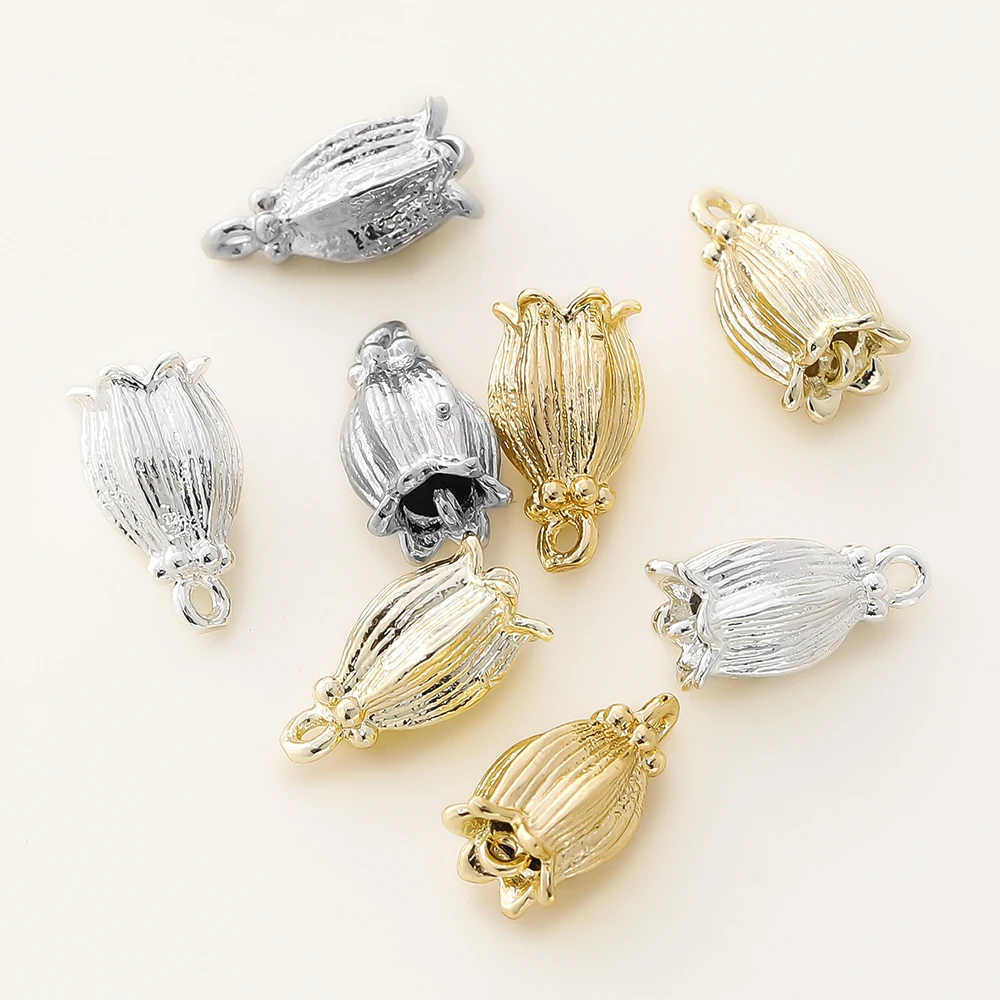 4PCS/lot 8x14MM 14K 18K Gold Color Brass 2 Holes Lily Flower Charms Bead Pendants High Quality DIY Jewelry Making Accessories