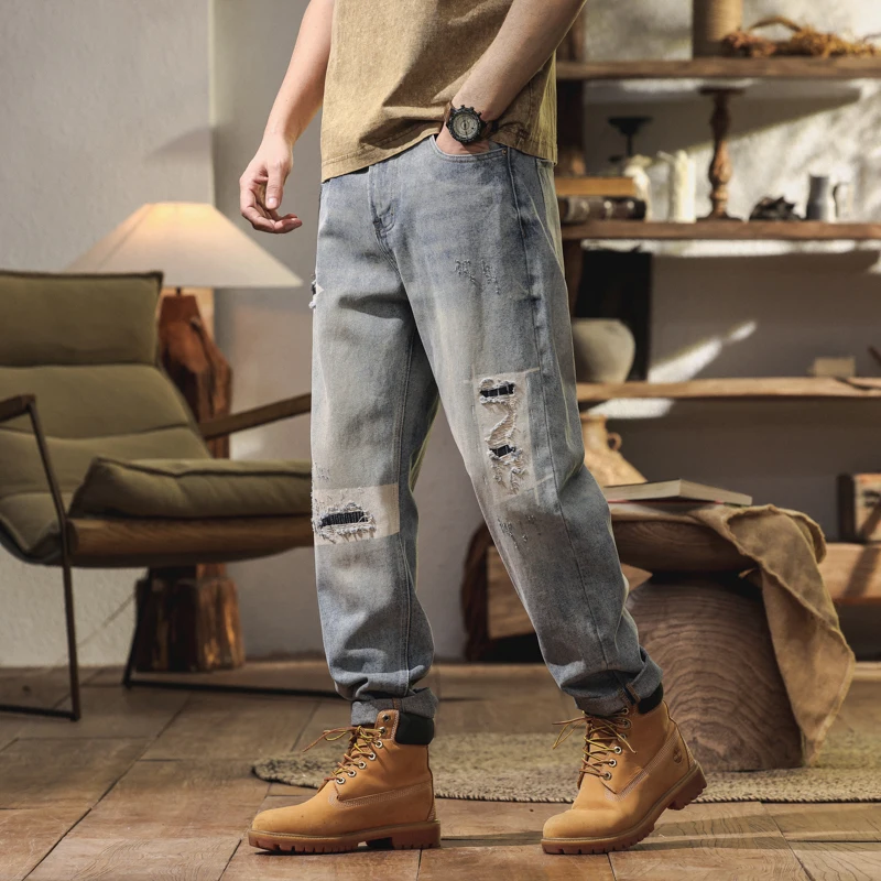 

BYCL 902 American ragged hole men's jeans heavy craft washed and old hanging abrasion abrasion fashion trend