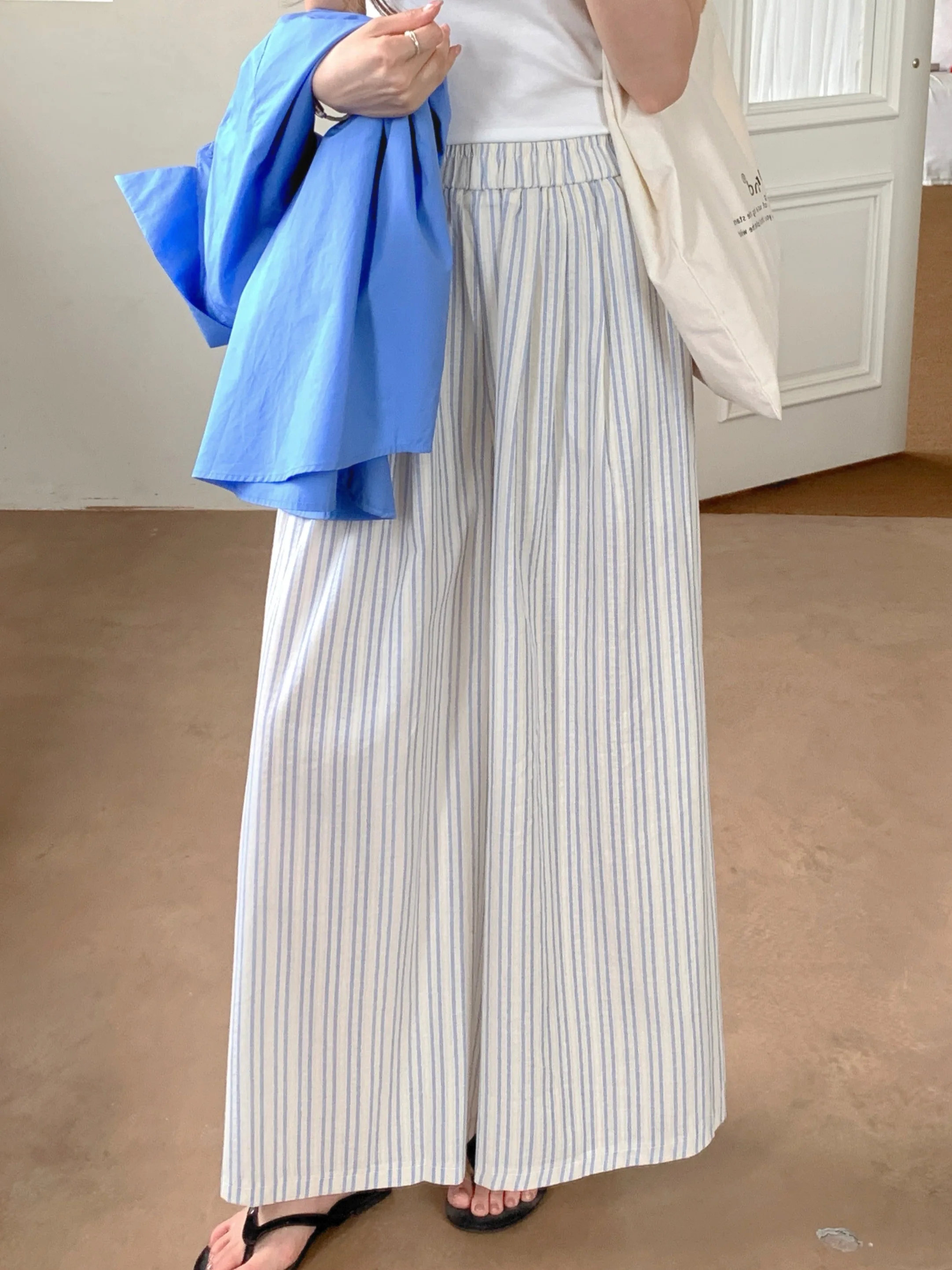 Calças de Cintura Alta tradas de Perna Larga Fenas Casuais Corte Reto Crimento até o Chão Moda Verão Novo Estilo Co...