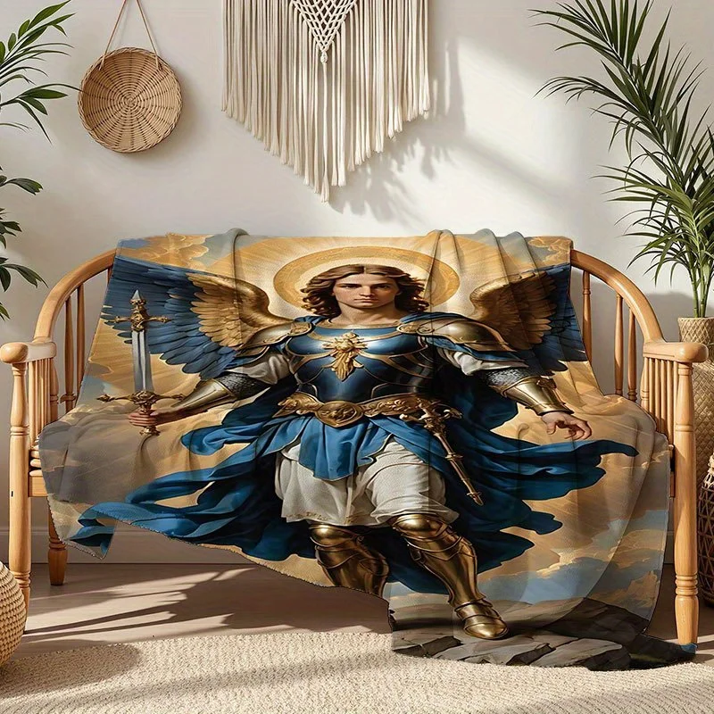 Angel with Sword Blanket, Medieval Blue & Gold, Soft Flannel Throw for Home, Office, Camping – Luxe Gothic All-Season Gift