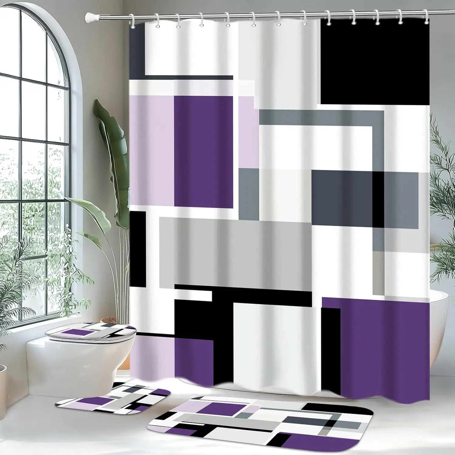 

4 шт. Наборы для ванной комнаты с занавеской для душа и ковриками, фиолетовые геометрические наборы занавесок для душа для ванной комнаты с 12 крючками, фиолетовый и черный M