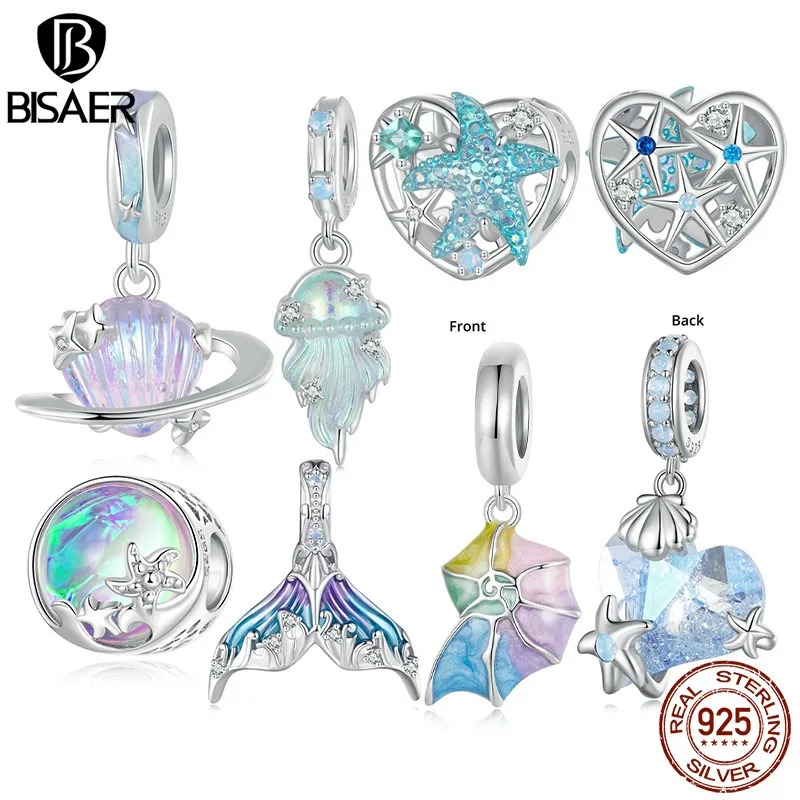 BISAER-Pendentif en argent regardé 925 pour femme, breloque méduse, planète, coquillage, étoile de mer, bracelet à bricoler soi-même, bijoux, cadeau de vacances