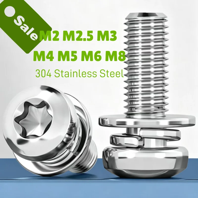 A2-70 Edelstahl M2 M2.5 M3 M4 M5 M6 M8 Flachkopfschrauben mit Torx-Antrieb und Unterlegscheibe sowie Federscheibe