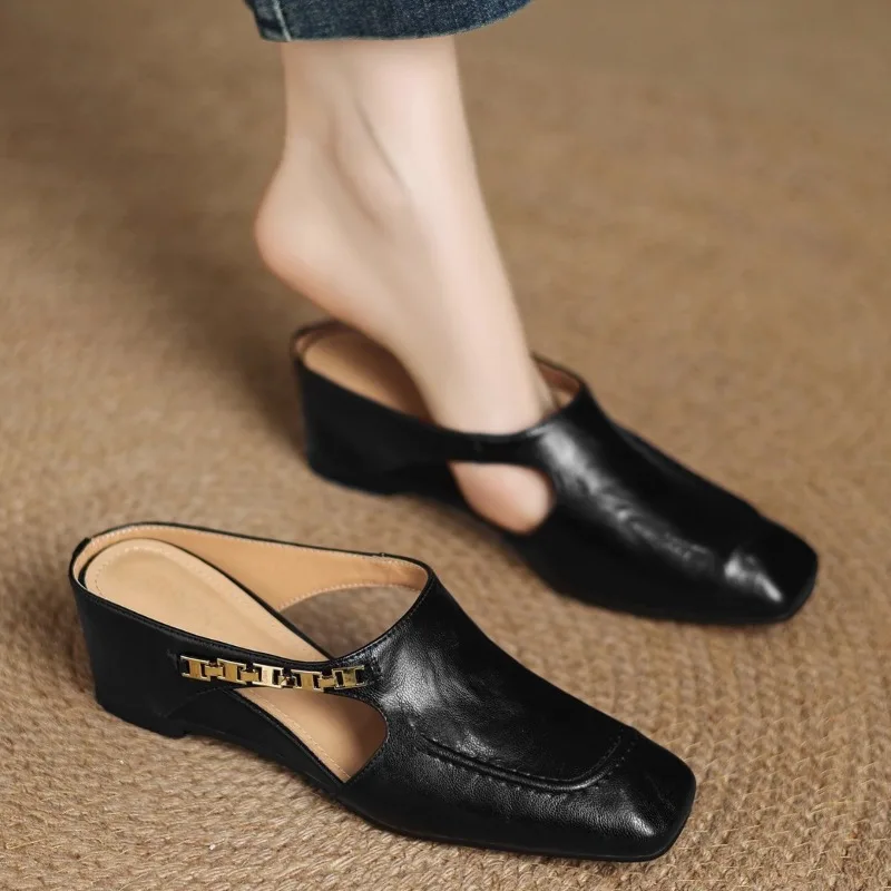 

New Style Fashion Retro Style Baotou Women's Sandals Half Slippers Square Toe Inside Heightening Plus Size Zapatos Mujer