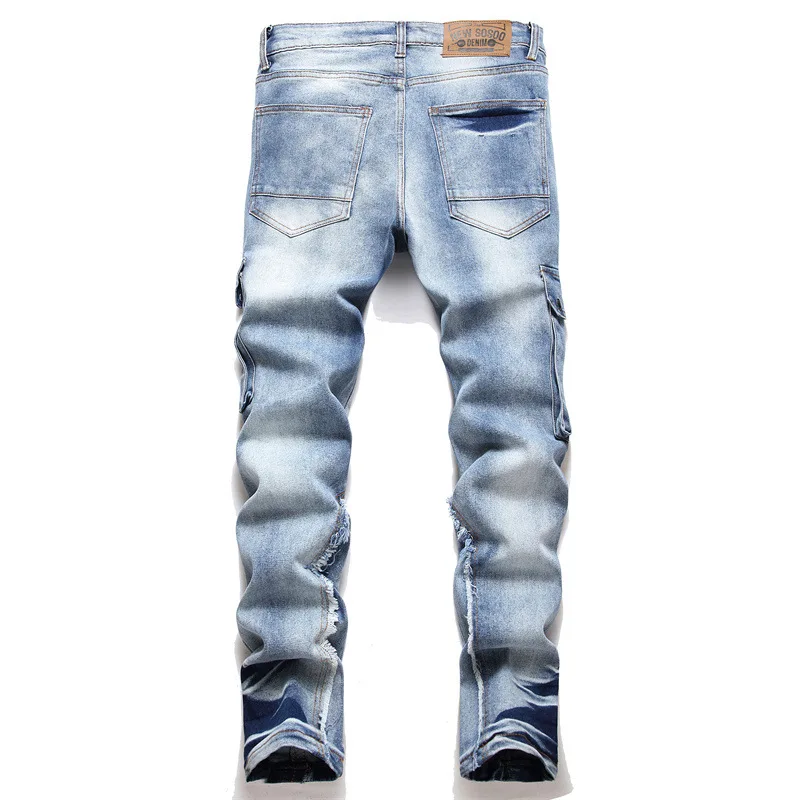 EH·MD Large Pocket Double Button Jeans Men's Panel Pants Worn Holes 3D Cotton Zipper Fit Elastic High Street Soft Youth Gradient