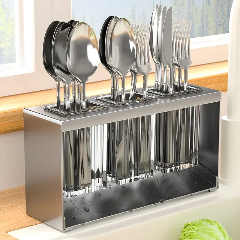 Multifunctional Chopstick Spoon Storage Holder Automatic Drainer Carbon Steel Cutlery Knife Fork Racks Kitchen Storage Tools