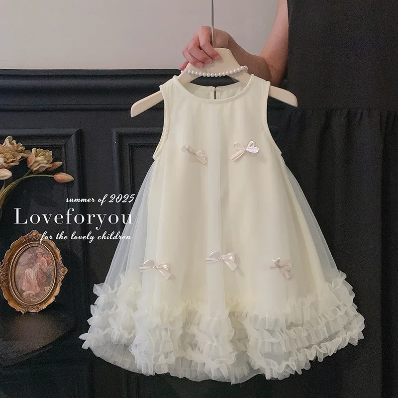 

New Summer Kids Girl Party Dresses Children's Elegant Mesh Flare Sleeves Sequined Tank Top Round Collar Princess Skirt