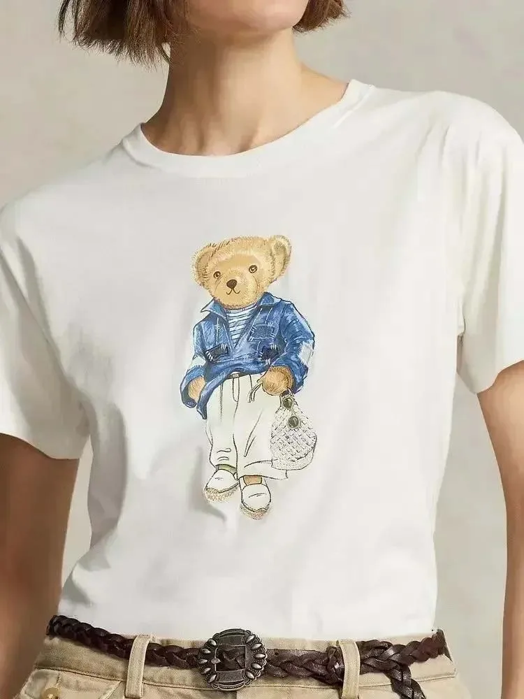 Bear Graphic 100% Cotton T-Shirt Fashion Trends Funny Round Neck T-shirt Women\'s Clothes Sporty Casual Tops Brand Clothing