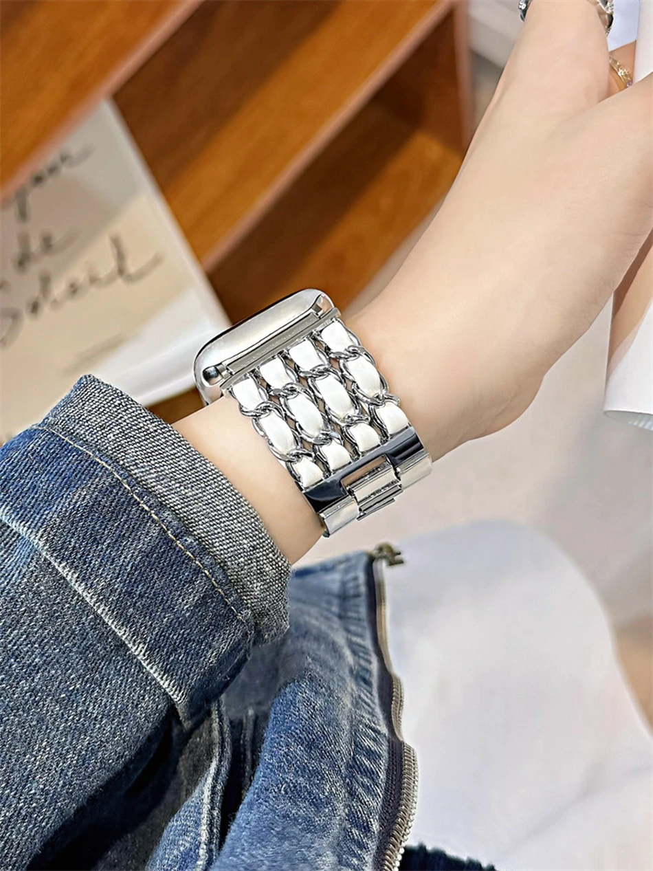 سوار أنيق فاخر لساعة Apple Watch 10 9 8 7 6 5 4 3 2 SE Ultra Band 38 مم 40 مم 41 مم 42 مم 44 مم 45 مم 46 مم 49 مم أساور جلدية مضفرة معدنية للنساء
