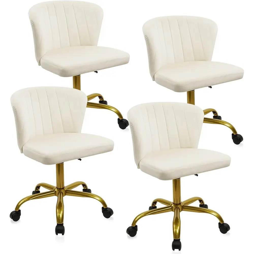

Velvet Upholstered Swivel Desk Chair with Gold Base, Comfortable Ergonomic Design, Adjustable Height, Set of 4, White
